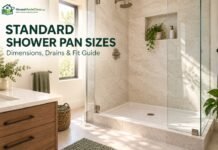 Standard Shower Pan Sizes & Dimensions: Shower Base Size Guide Modern walk-in shower illustrating standard shower-pan sizes, drains and installation fit