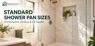 Standard Shower Pan Sizes & Dimensions: Shower Base Size Guide Modern walk-in shower illustrating standard shower-pan sizes, drains and installation fit