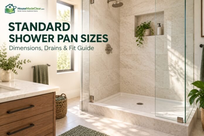standard-shower-pan-sizes-featured-image Modern walk-in shower illustrating standard shower-pan sizes, drains and installation fit