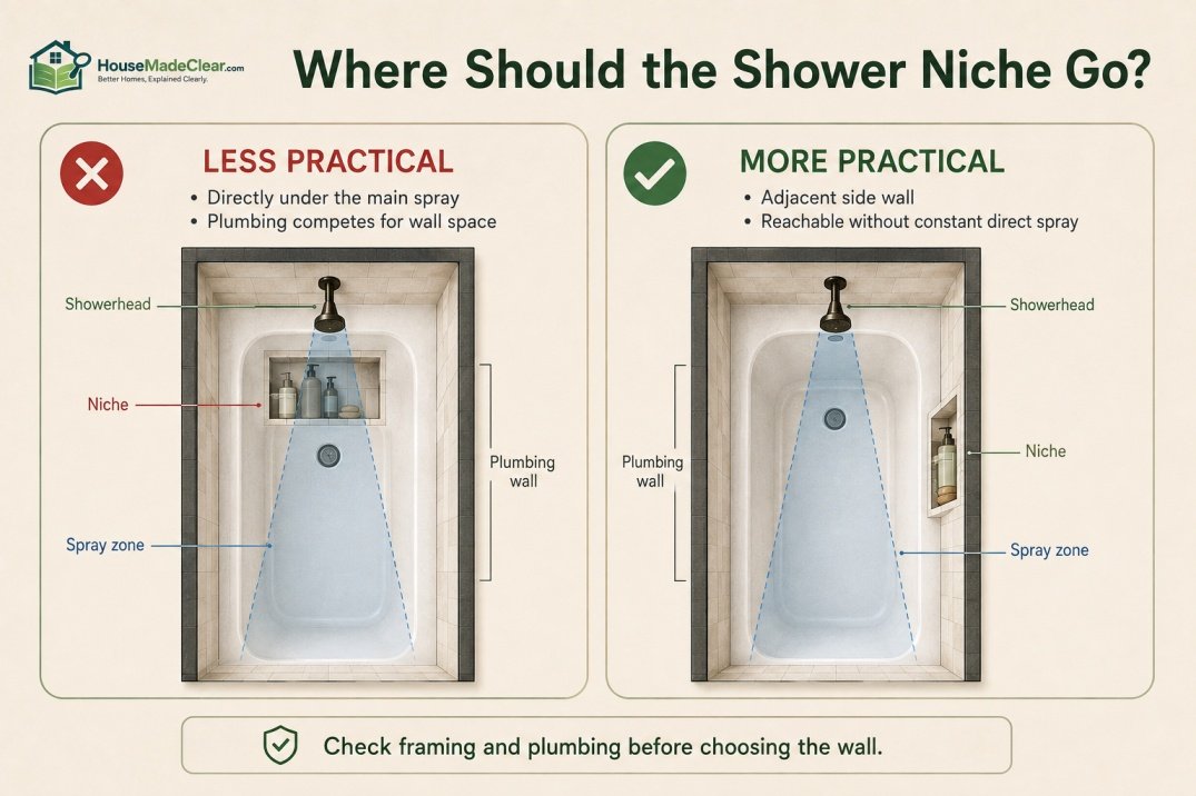 Vertical shower niche compared with a wider horizontal niche and wall framing