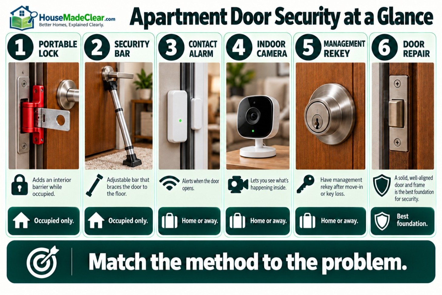 Comparison of portable locks, security bars, contact alarms, indoor cameras, management rekeying and apartment-door repair