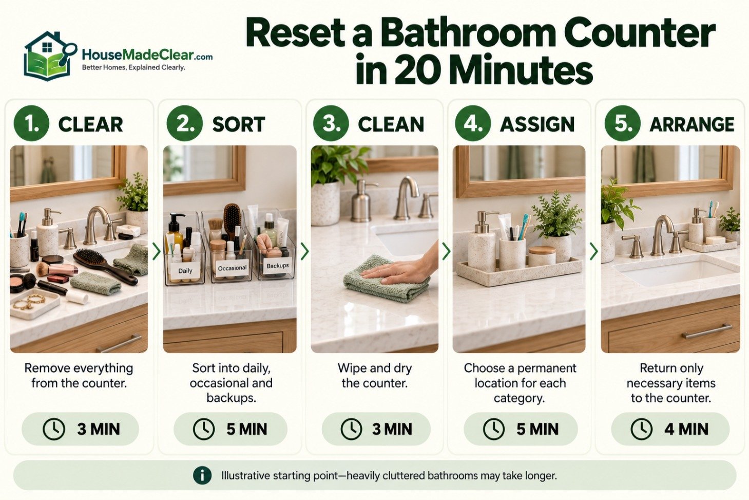 Five-step 20-minute bathroom-counter reset: clear, sort, clean, assign and arrange