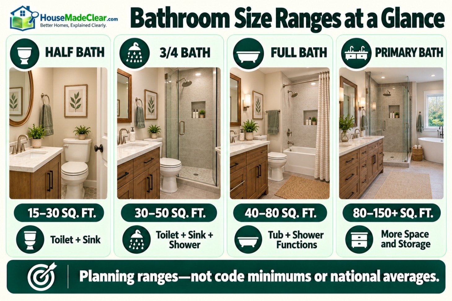 Planning ranges for half, three-quarter, full and primary bathroom sizes with their typical fixtures