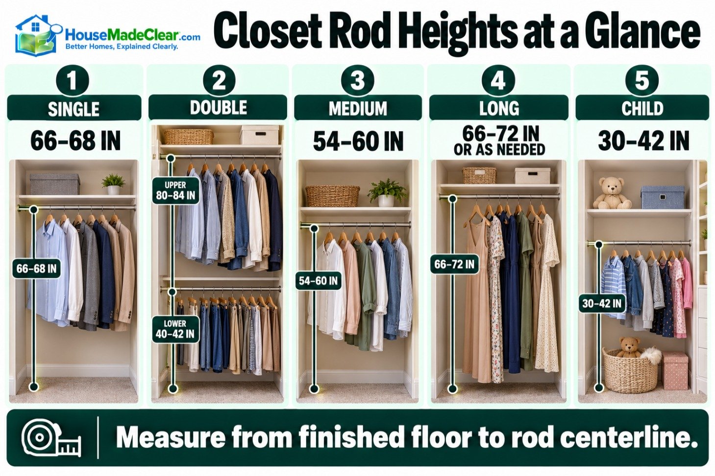 Common closet rod heights for single, double, medium, long and children’s hanging sections