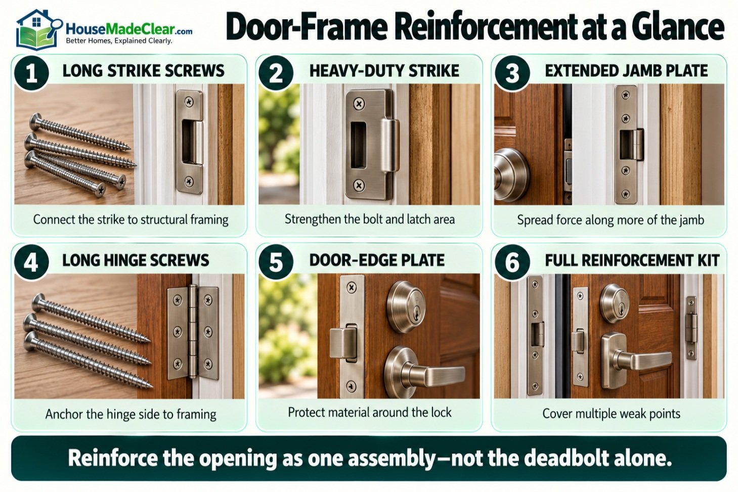 Six door-frame reinforcement options including security strikes, long screws, jamb plates and hinge reinforcement