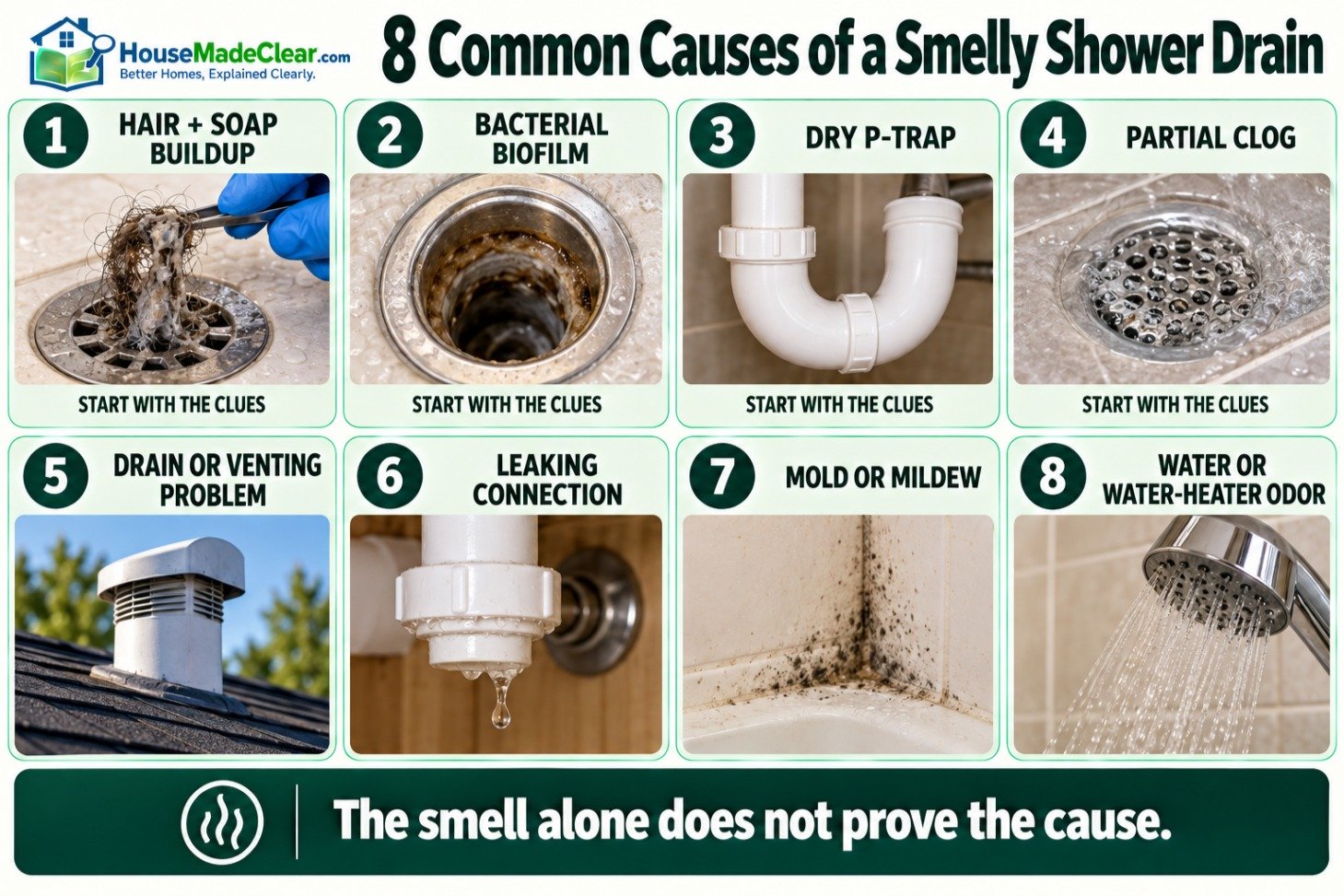 Eight possible causes of shower-drain odor, including buildup, a dry trap, plumbing problems and water odor