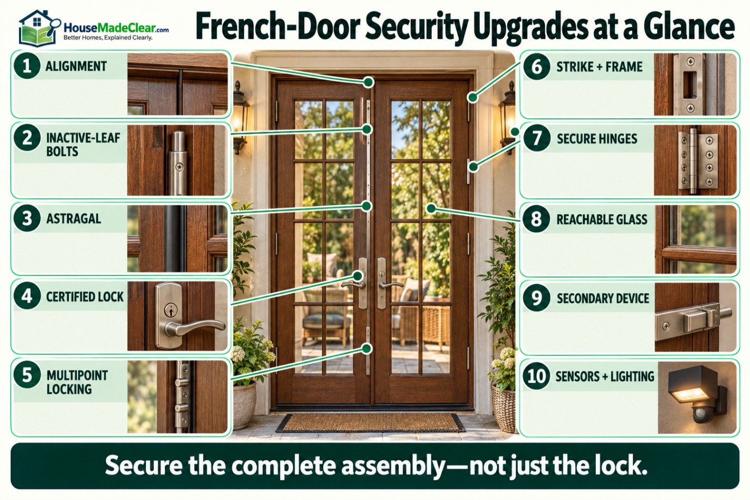 Ten practical French-door security upgrades covering alignment, inactive-leaf bolts, locks, hinges, glass, sensors and lighting