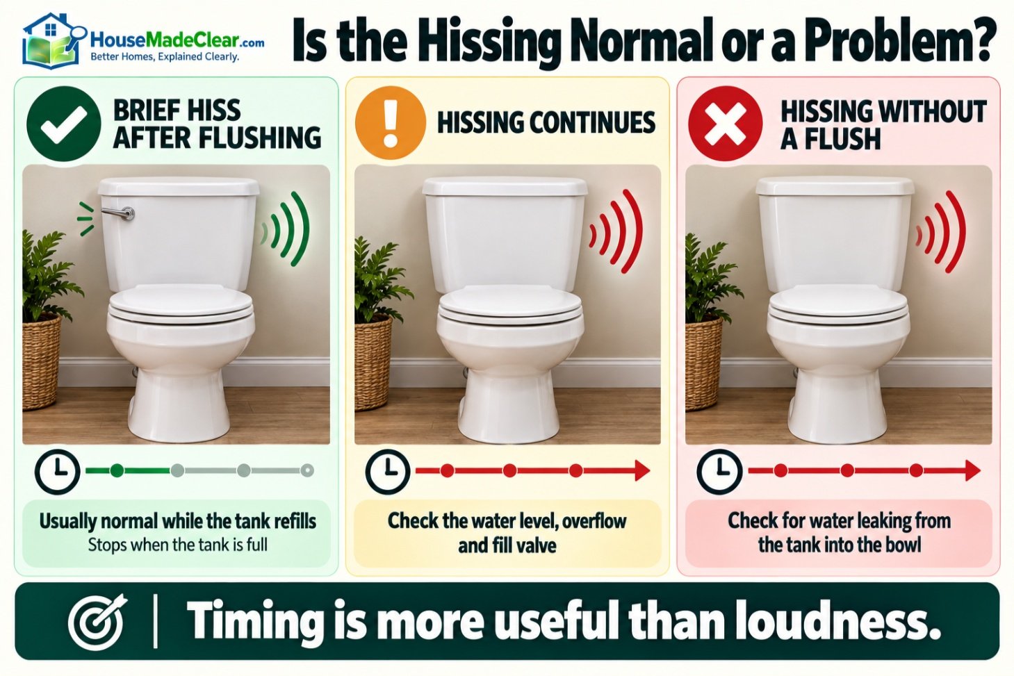 Comparison of normal toilet hissing after flushing, continuous hissing and hissing without a flush