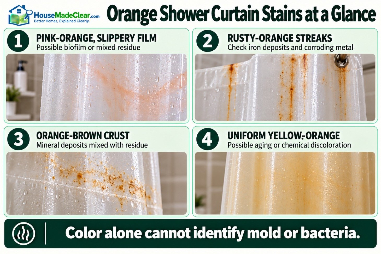 ink-orange film, rusty streaks, mineral crust and uniform discoloration compared on shower-curtain liners