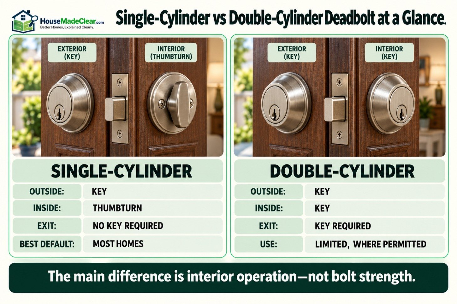 Single-cylinder deadbolt with an interior thumbturn compared with a double-cylinder deadbolt requiring keys on both sides