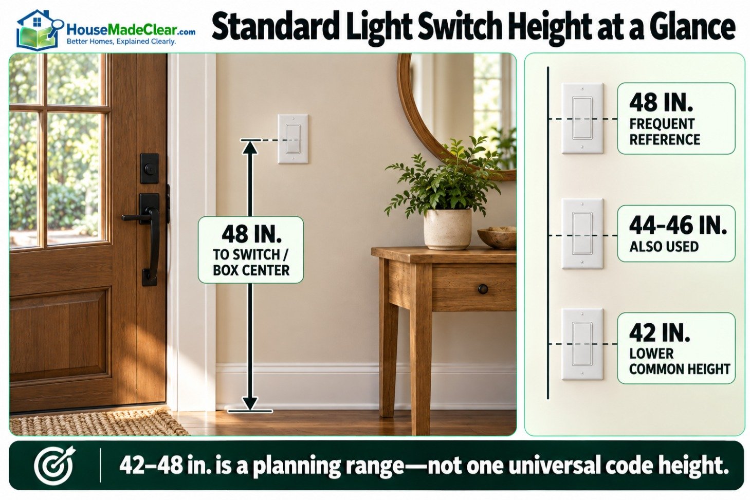 Common residential light switch heights from 42 to 48 inches measured from the finished floor