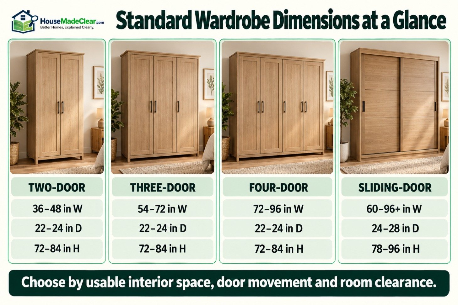 Common width, depth and height ranges for two-door, three-door, four-door and sliding wardrobes