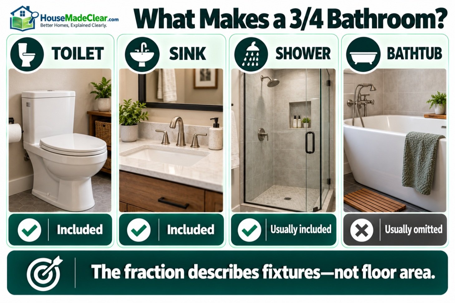 Toilet, sink and shower included in a typical three-quarter bathroom, with the bathtub usually omitted