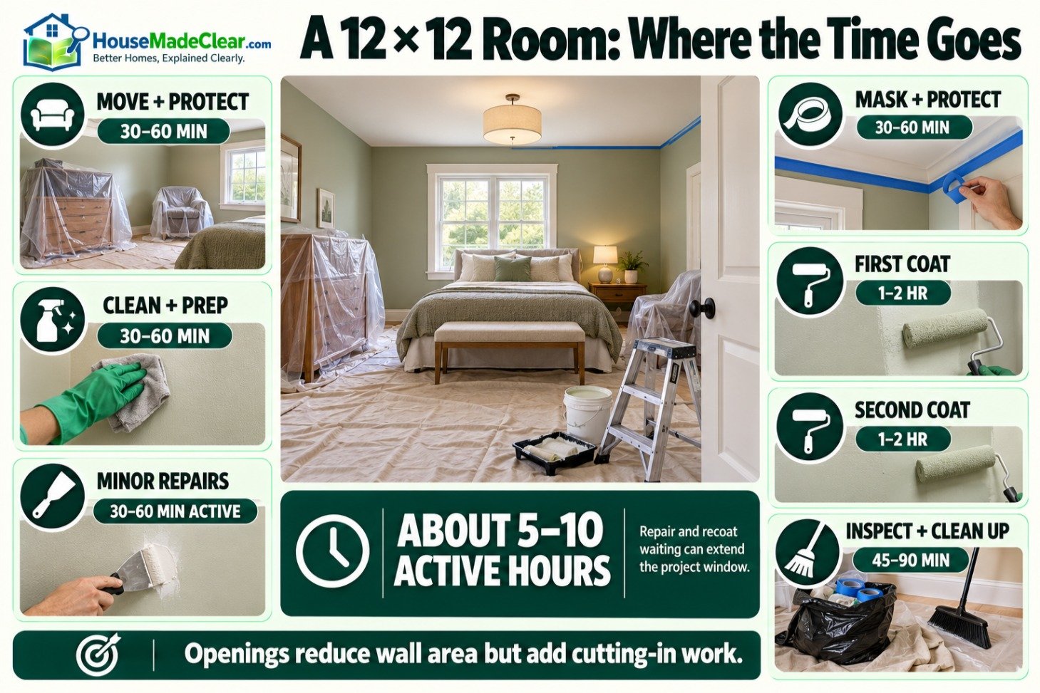 Active-time breakdown for preparing, painting and cleaning up a 12-by-12-foot bedroom