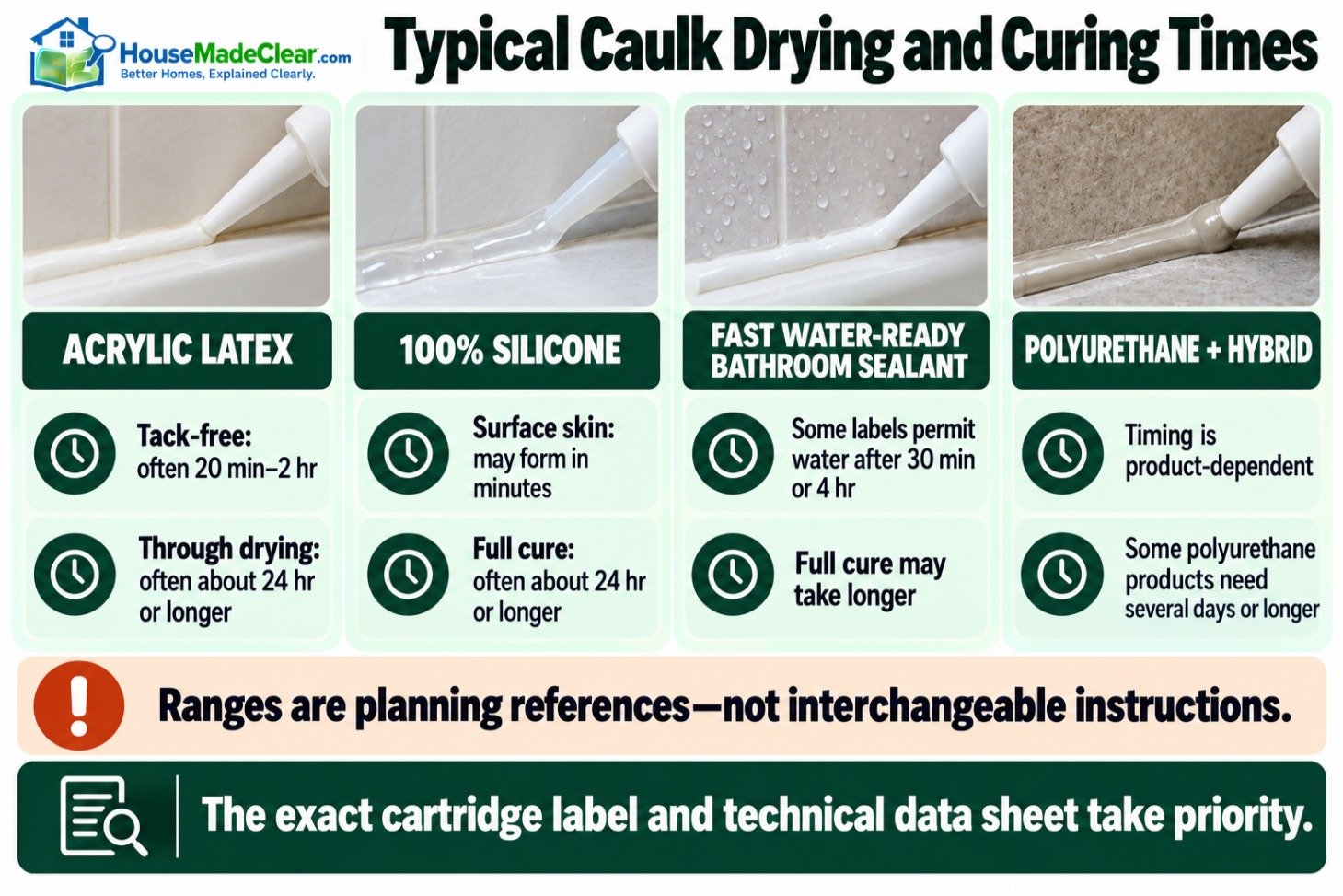 Typical drying and curing times for acrylic, silicone, fast water-ready and polyurethane caulks