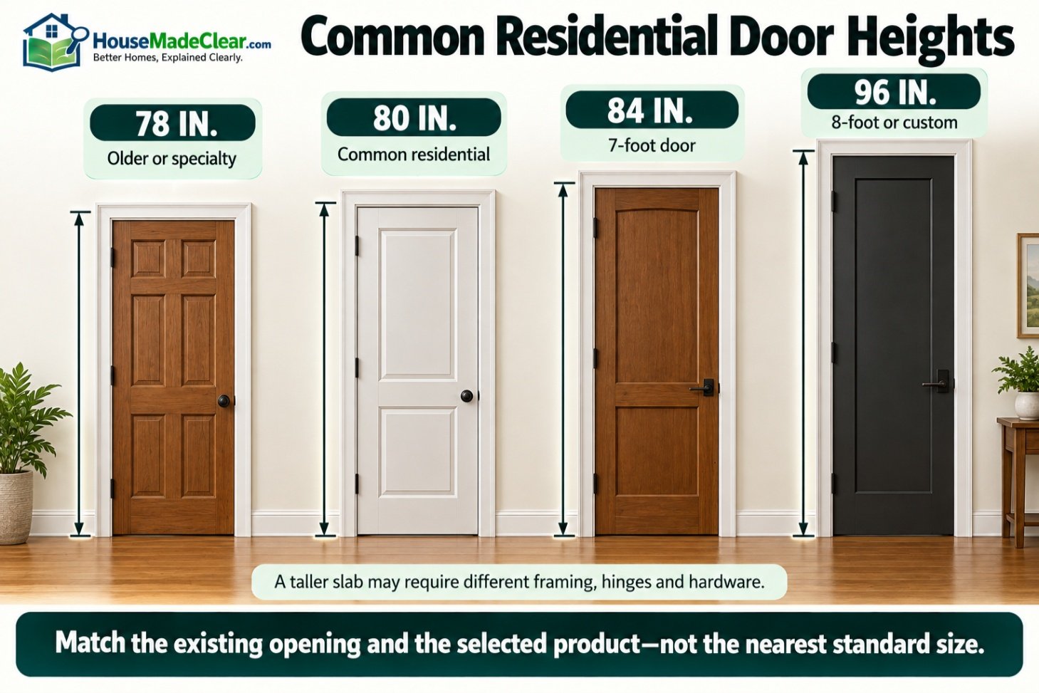 02-common-residential-door-heights.png Comparison of common 78, 80, 84 and 96-inch residential door heights on the same floor baseline