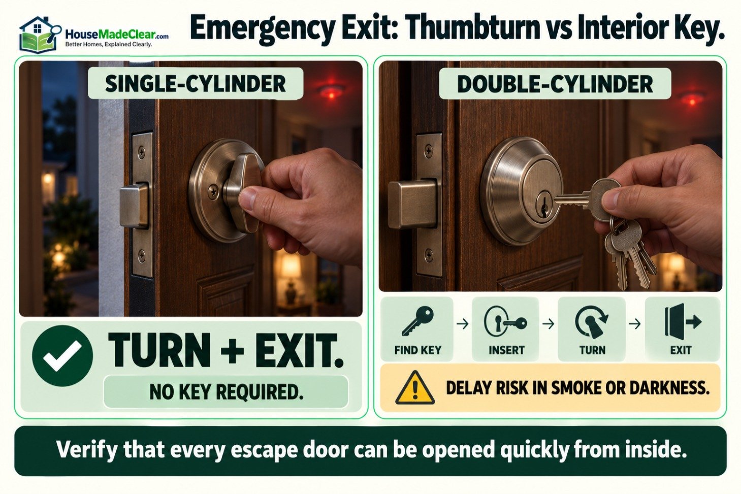 Emergency-exit comparison between a single-cylinder thumbturn and a double-cylinder interior key