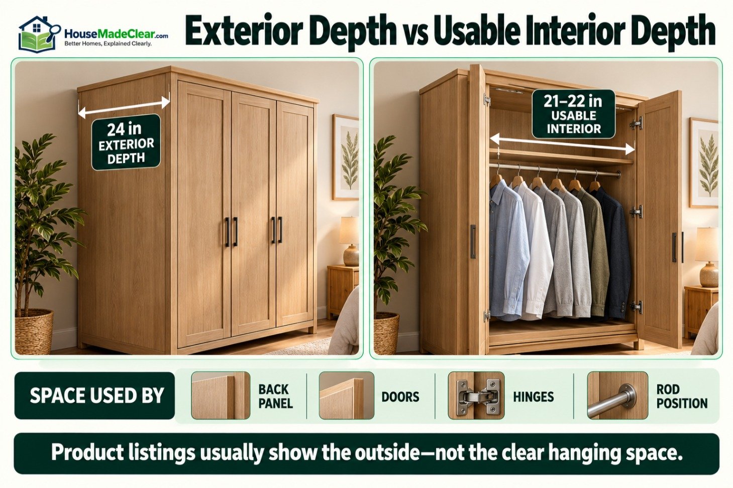 Comparison of a wardrobe’s 24-inch exterior depth and 21–22-inch usable interior hanging depth