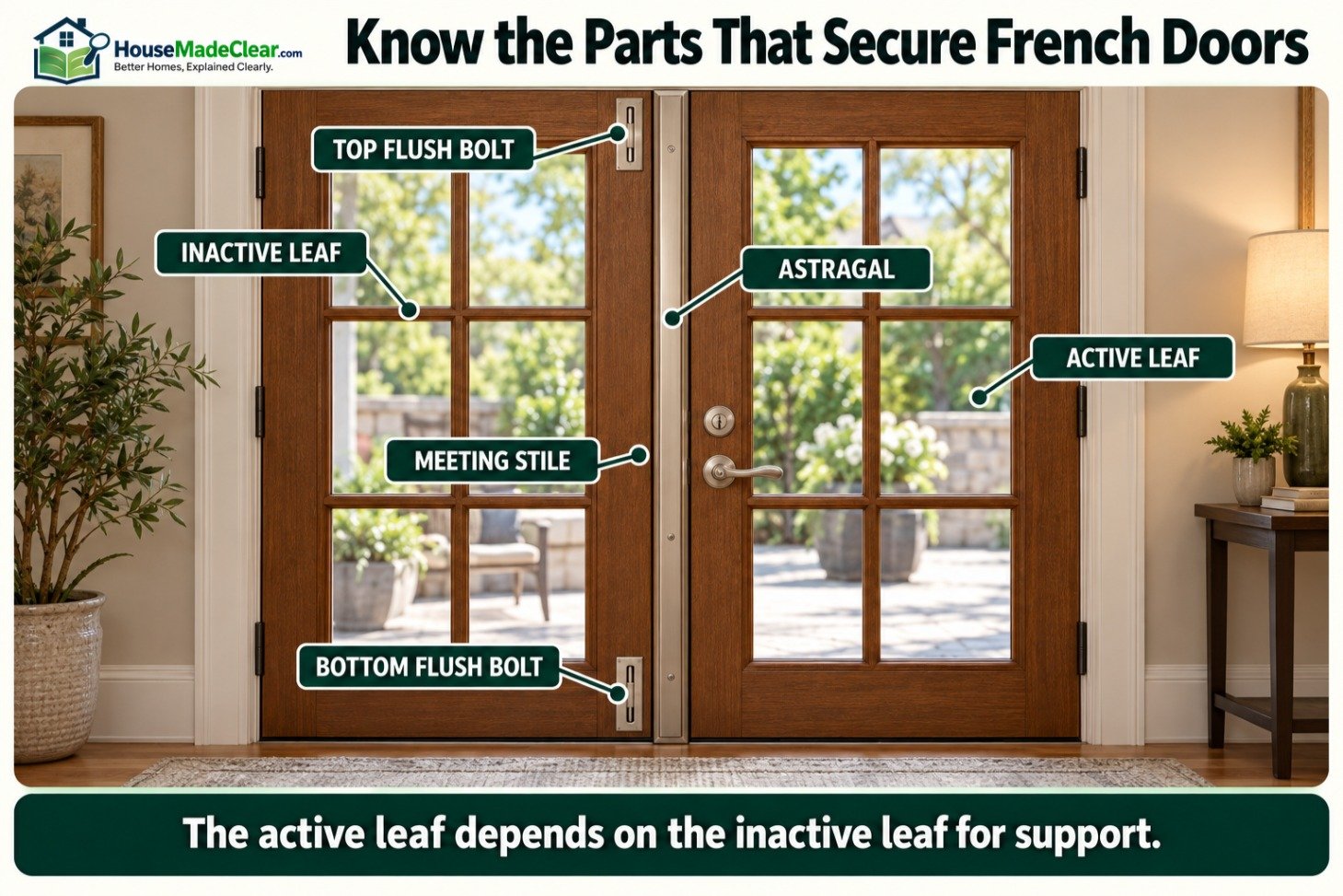 Parts of a French-door assembly showing the active leaf, inactive leaf, meeting stile, astragal and top and bottom flush bolts