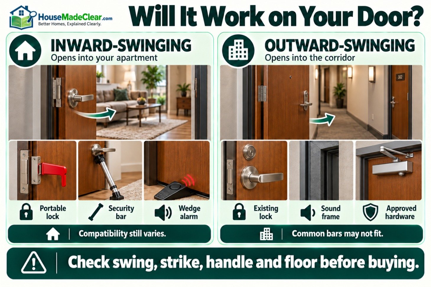 Inward-swinging and outward-swinging apartment doors with compatible no-drill security options
