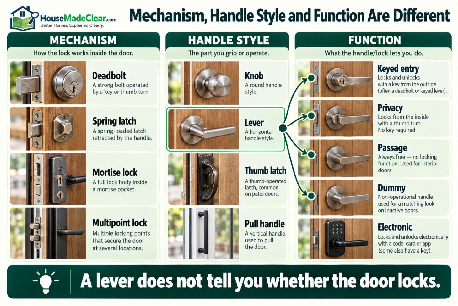 Comparison showing how a door lock’s internal mechanism, visible handle style and operating function are different classifications