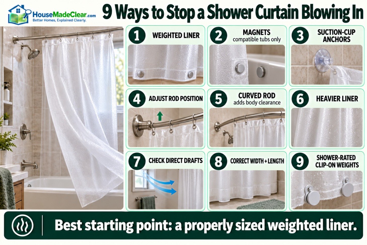 Nine methods for stabilizing a shower curtain, including weights, magnets, suction cups and rod adjustments