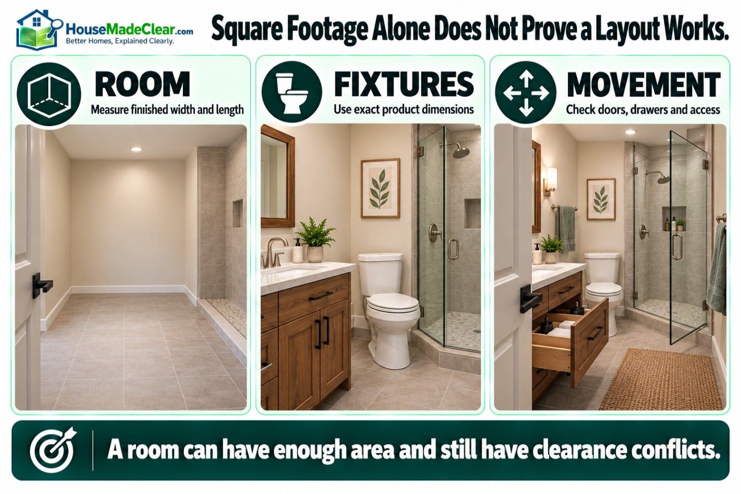 Bathroom planning comparison showing finished room measurements, exact fixture sizes and door or drawer movement