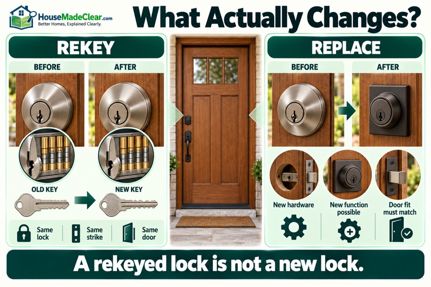 Diagram showing that rekeying changes the working key while replacement changes the lock hardware