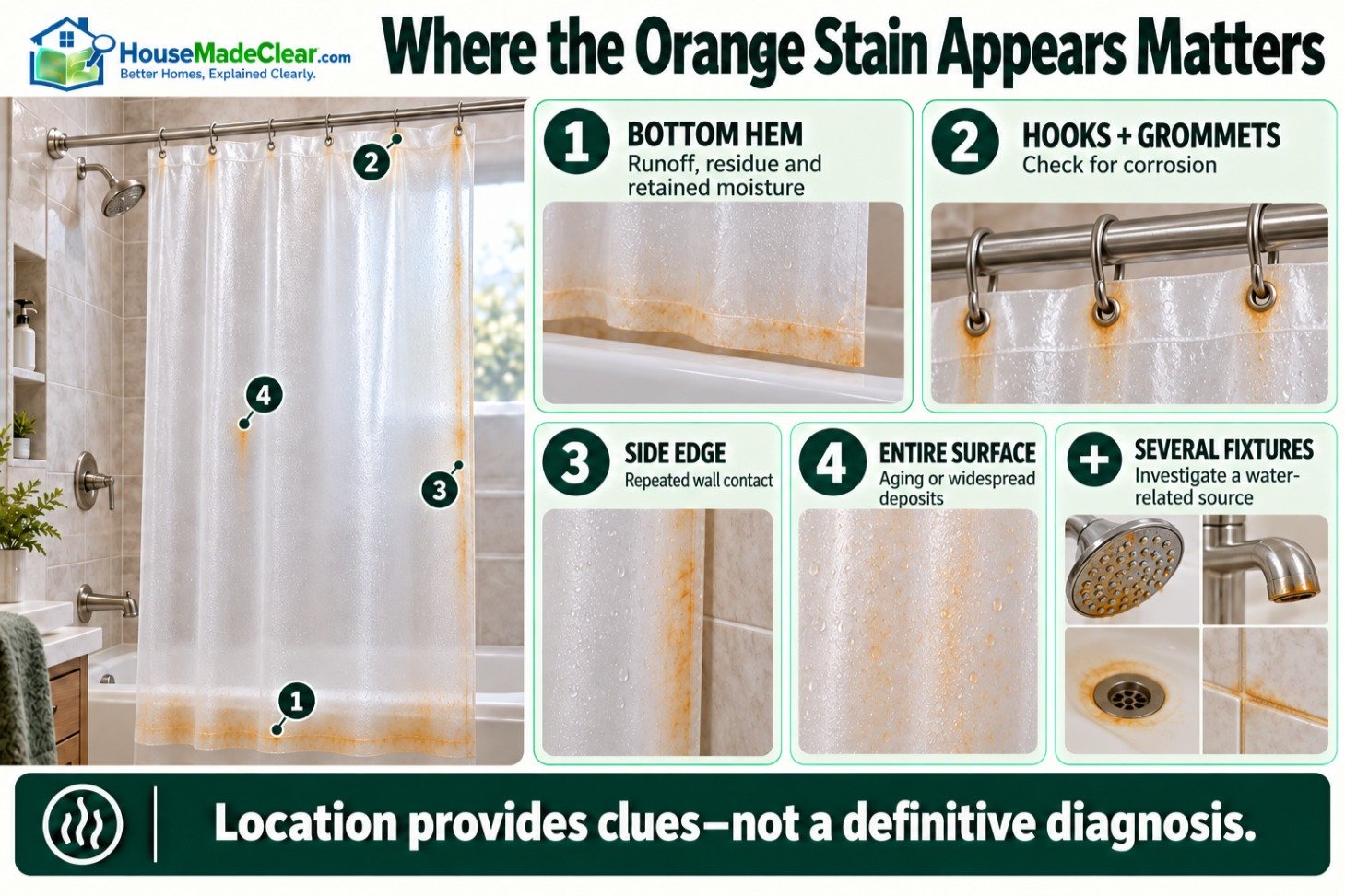 Shower-curtain diagram showing stains at the bottom hem, hooks, side edge and entire surface