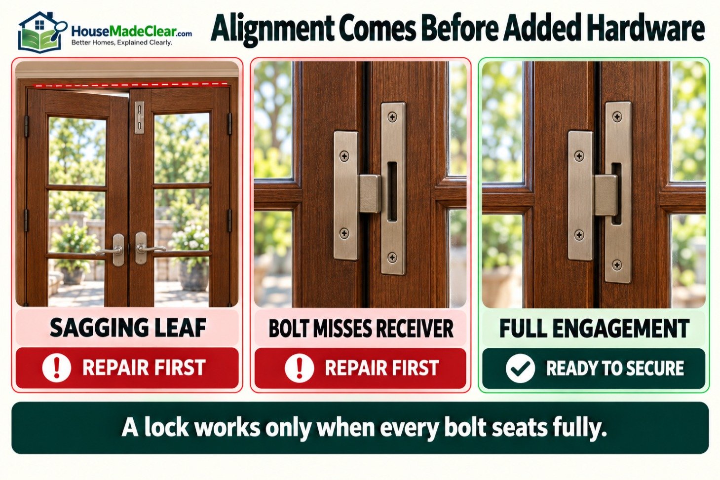 Comparison of a sagging French door, a bolt missing its receiver and a correctly aligned bolt with full engagement