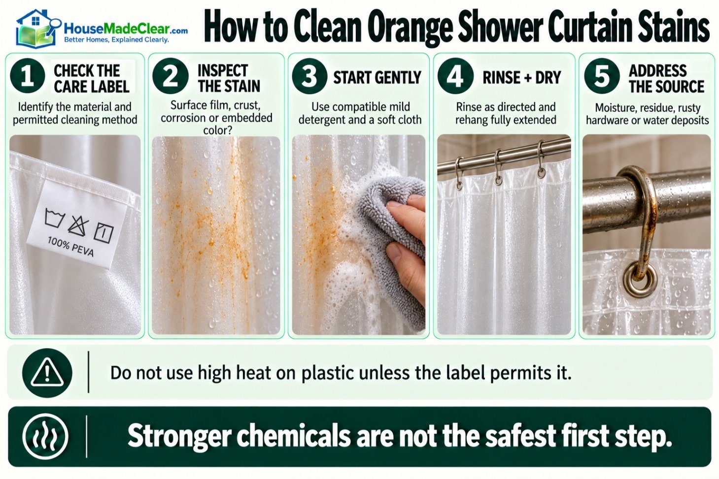 Five steps for checking, gently cleaning, rinsing and drying an orange-stained shower curtain