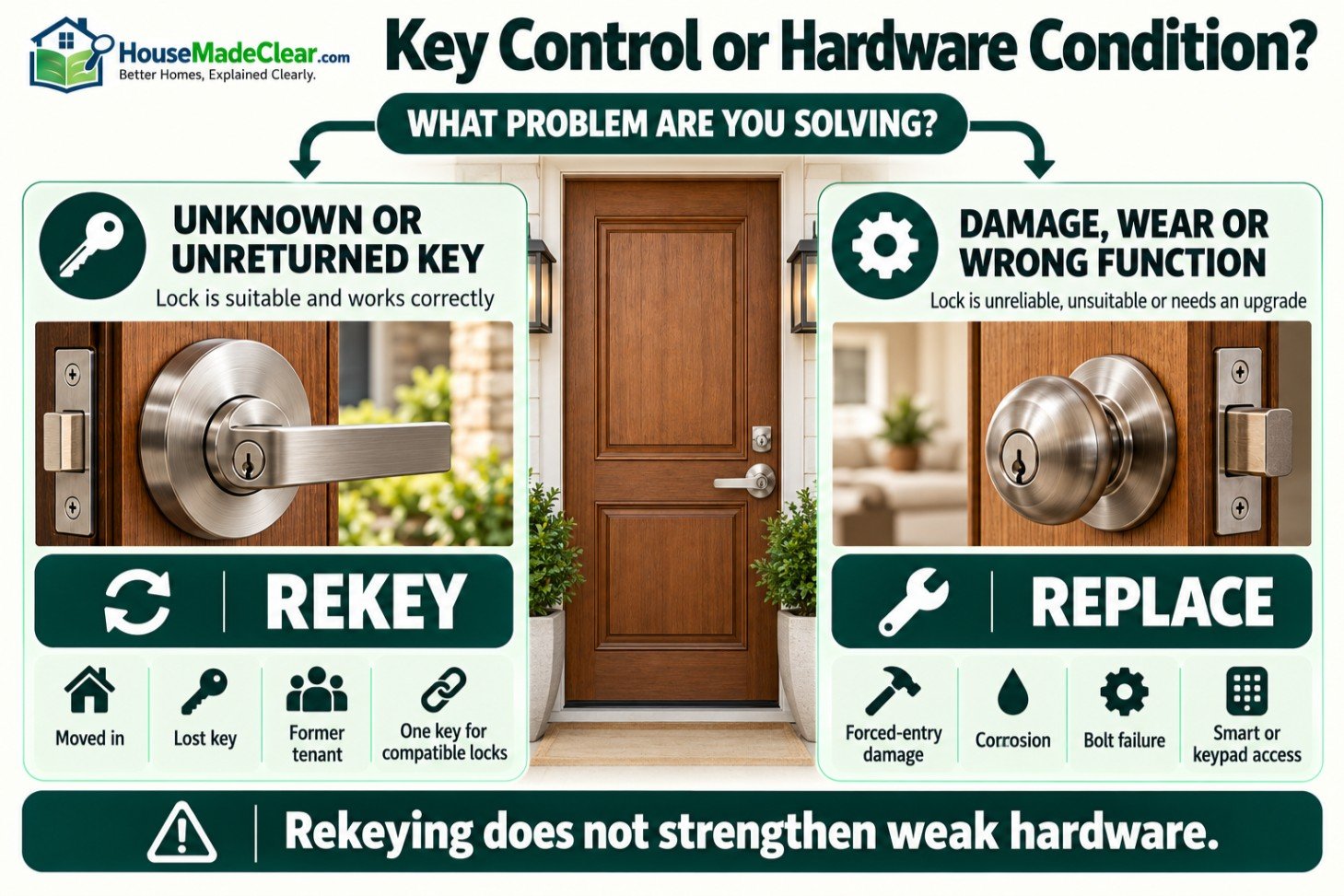 Decision guide showing when an unknown key calls for rekeying and when damaged hardware calls for replacement