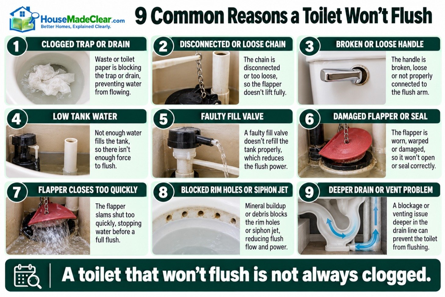 Nine common causes of a toilet that will not flush, from a clogged trap to a deeper drain problem