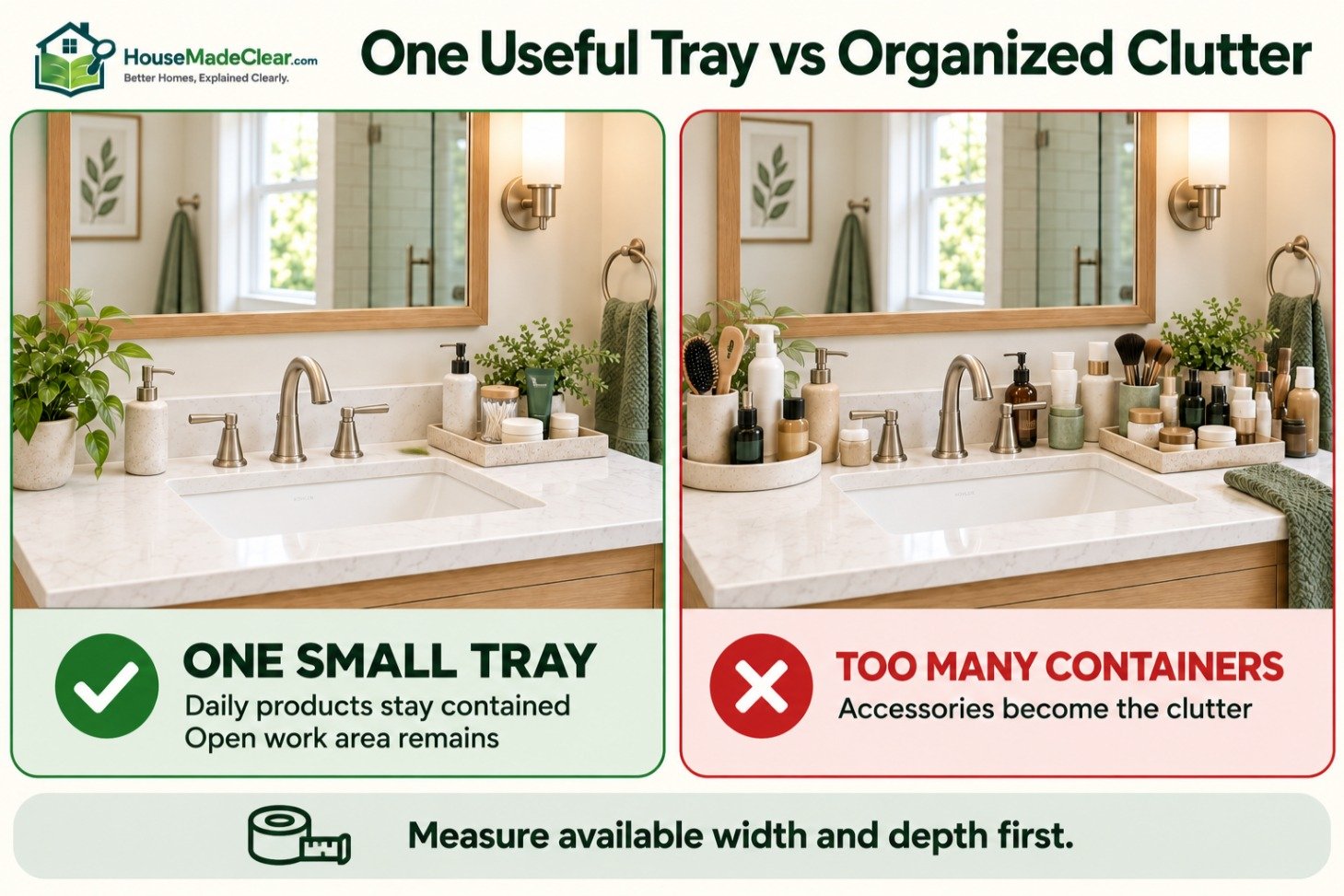 One small bathroom tray compared with multiple containers creating organized clutter