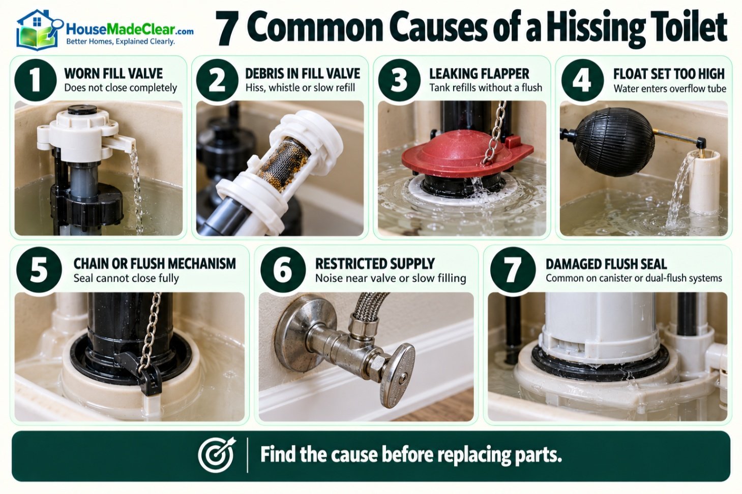 Seven common causes of a hissing toilet, including the fill valve, flapper, float, chain, supply and flush seal