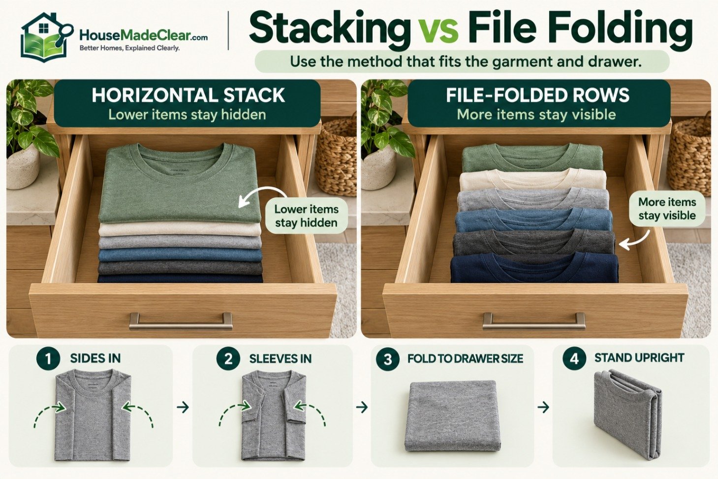 Horizontal clothing stacks compared with visible file-folded rows in dresser drawers