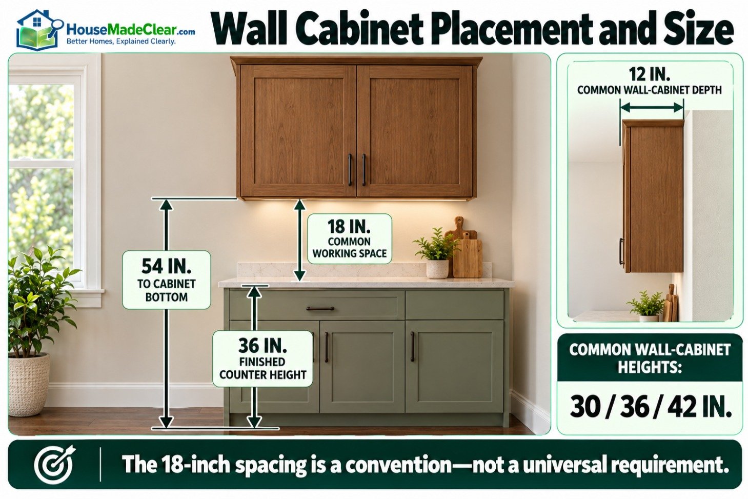 Wall cabinet placement showing 36-inch counter height, 18-inch working space and 54-inch cabinet-bottom height
