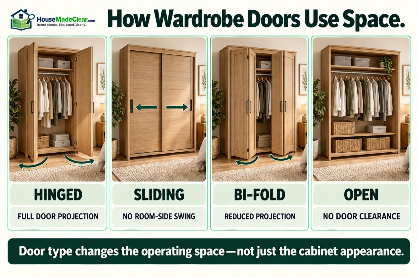 Hinged, sliding, bi-fold and open wardrobes compared by how their doors use bedroom space