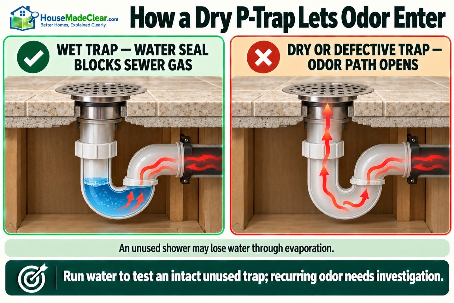 Wet shower P-trap blocking sewer gas compared with a dry trap that allows odor to enter