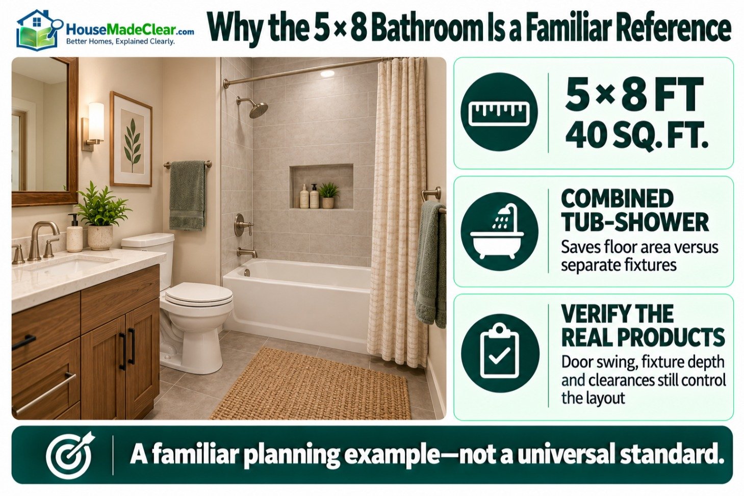 Compact 5 × 8-foot full bathroom with a combined tub-shower, toilet and vanity