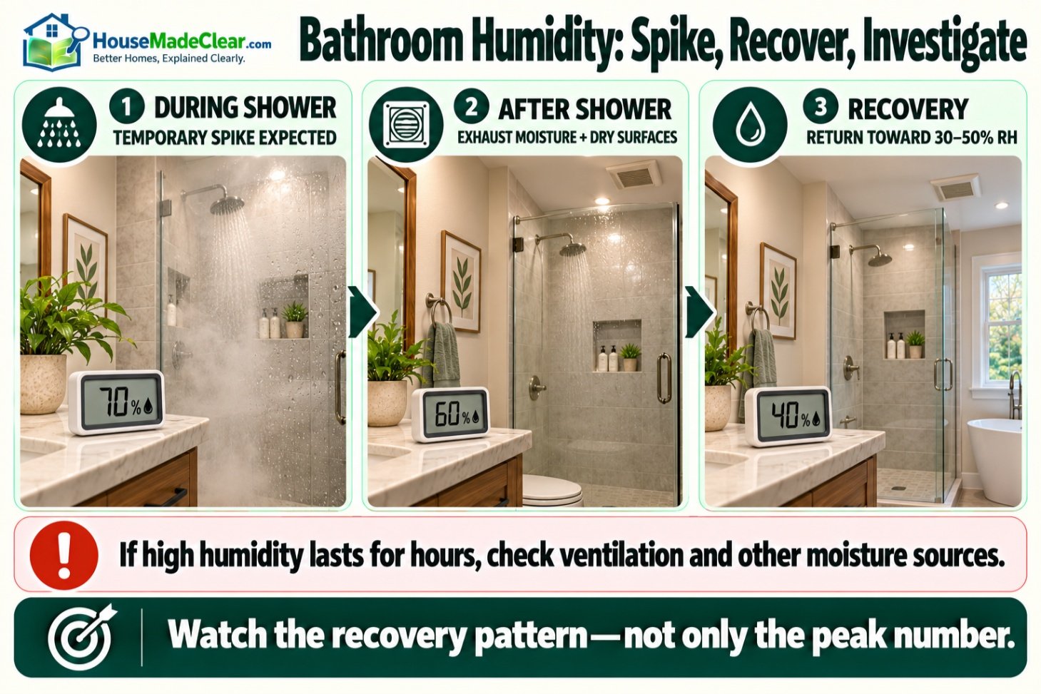 Bathroom humidity rising during a shower and returning toward the normal household range afterward