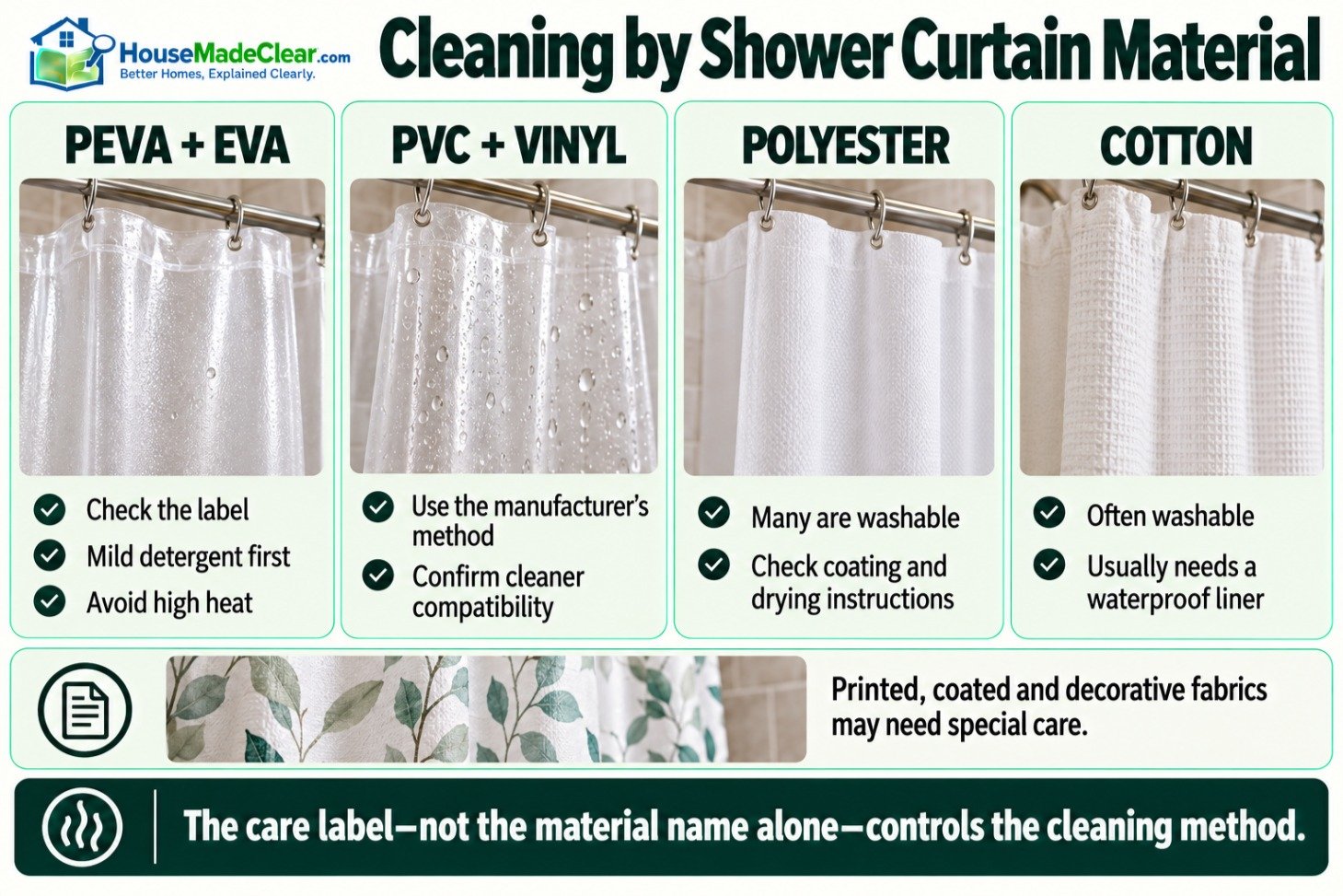 Cleaning considerations for PEVA, EVA, vinyl, polyester and cotton shower curtains