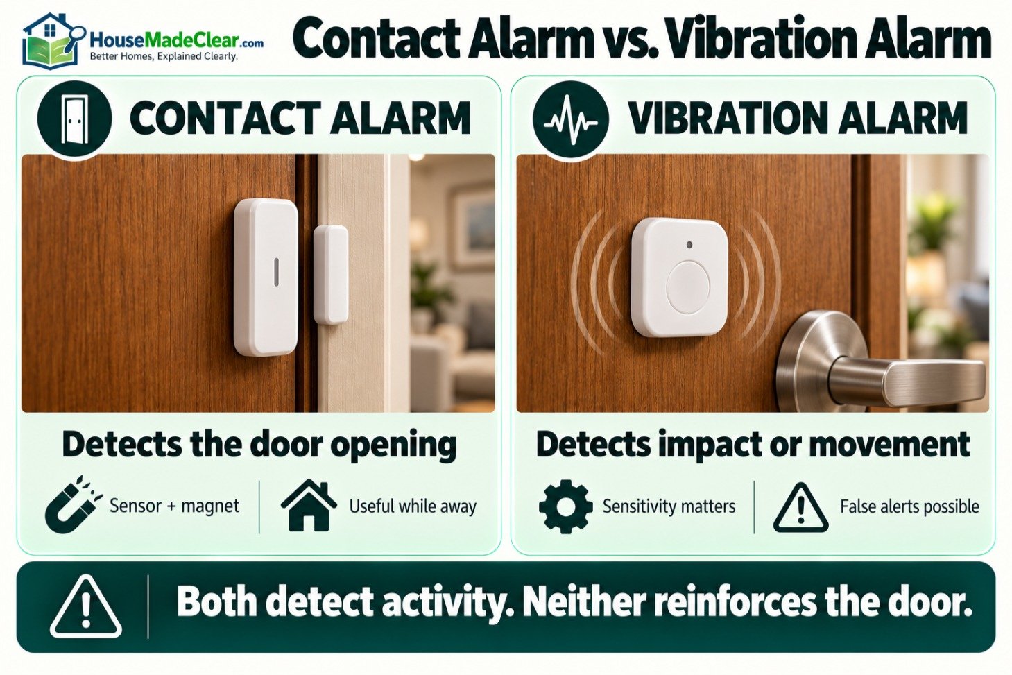 Contact sensor that detects a door opening compared with a vibration alarm that detects impact or movement