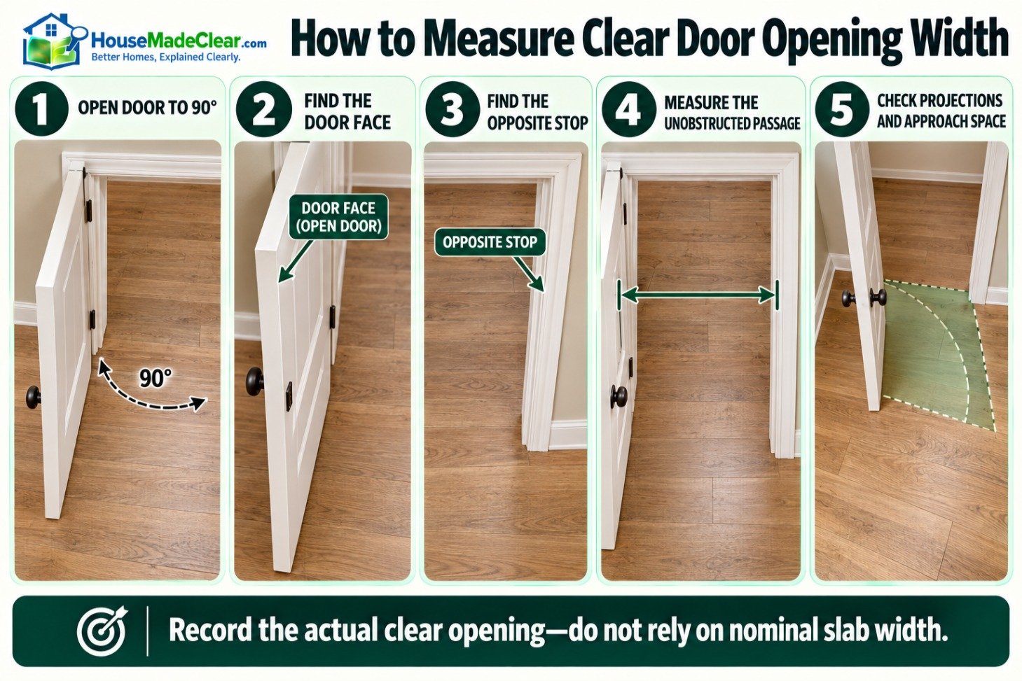 Clear door opening measured between the face of a door open 90 degrees and the opposite door stop