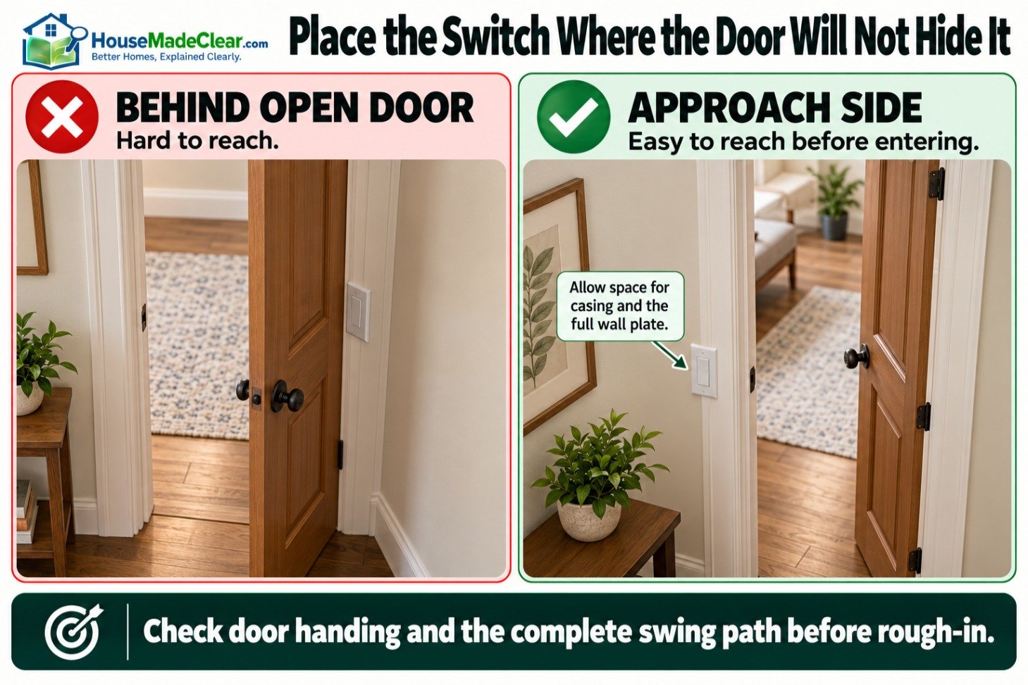 Incorrect switch placement behind an open door compared with accessible placement on the approach side