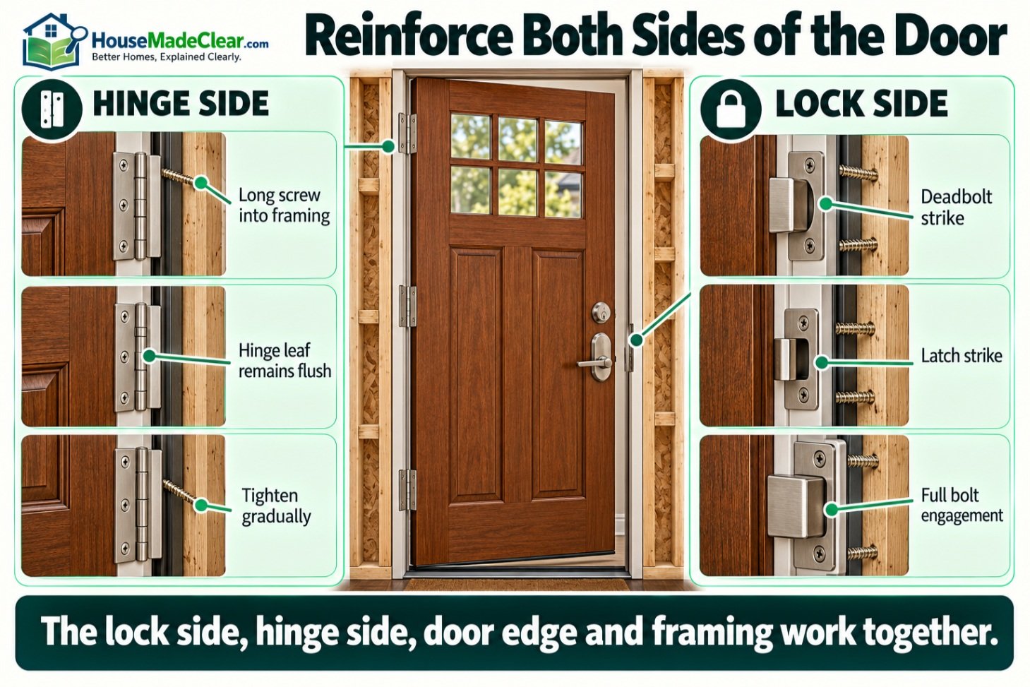 Exterior door showing long hinge screws and reinforced deadbolt and latch strikes on both sides of the frame