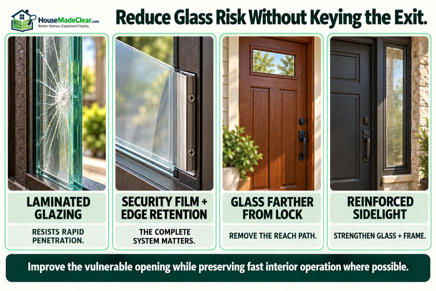 Laminated glazing, security film with edge retention, higher glass and a reinforced sidelight compared