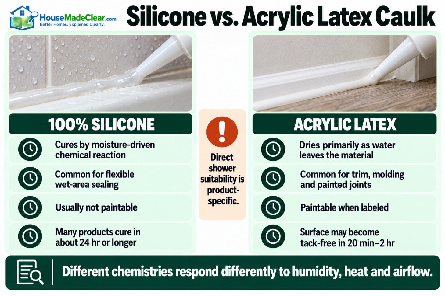 Silicone and acrylic latex caulk compared by curing method, paintability and common use