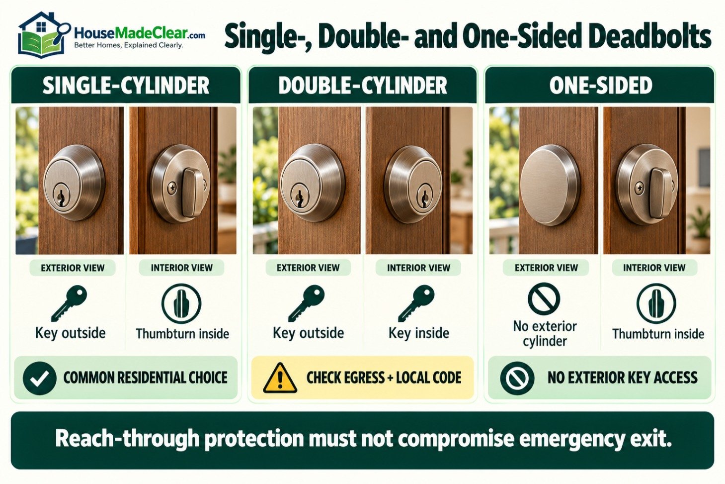 Exterior door-lock systems comparing a deadbolt and entry lever, handleset, mortise lock and multipoint lock