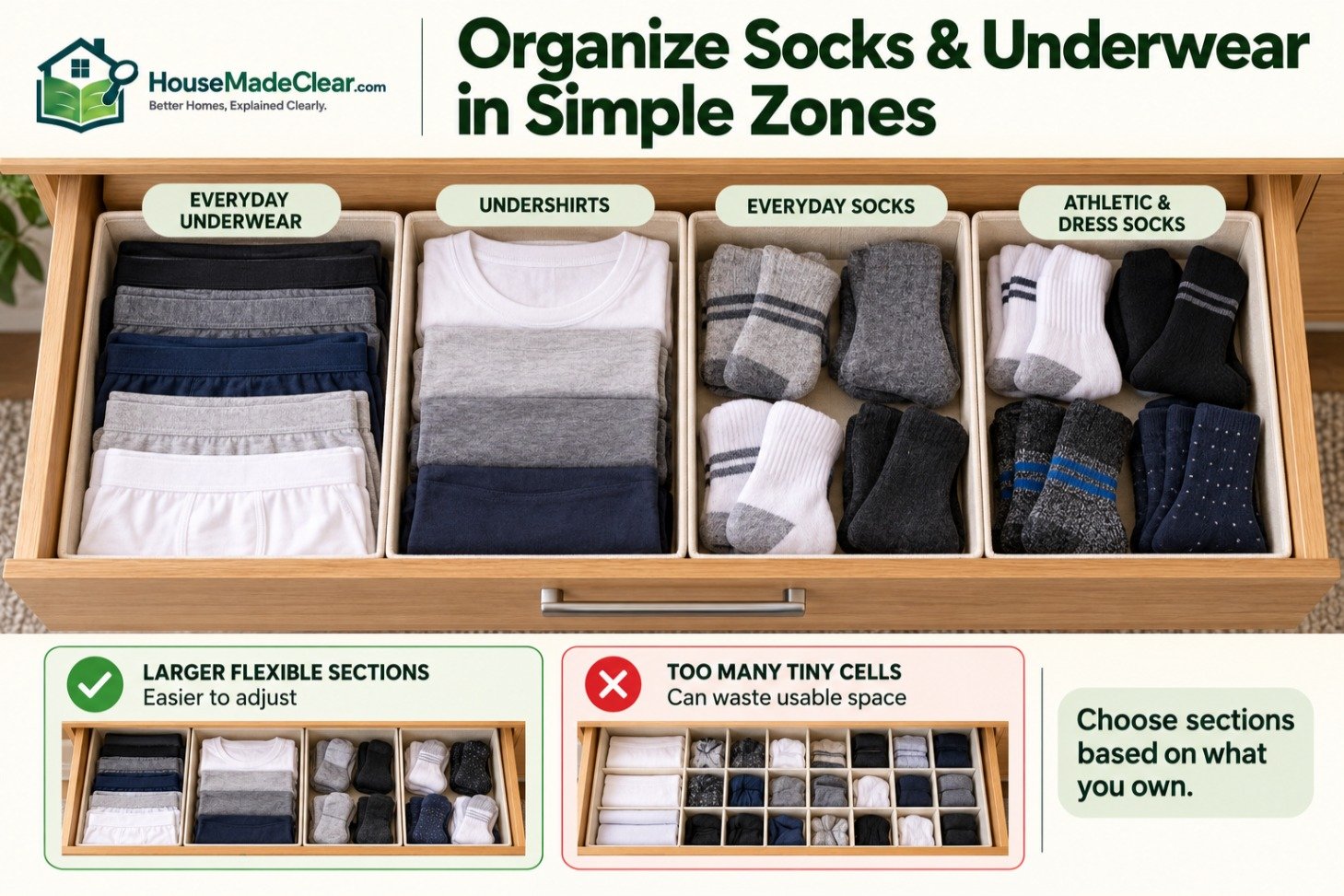 Dresser drawer divided into flexible zones for underwear, undershirts and different socks
